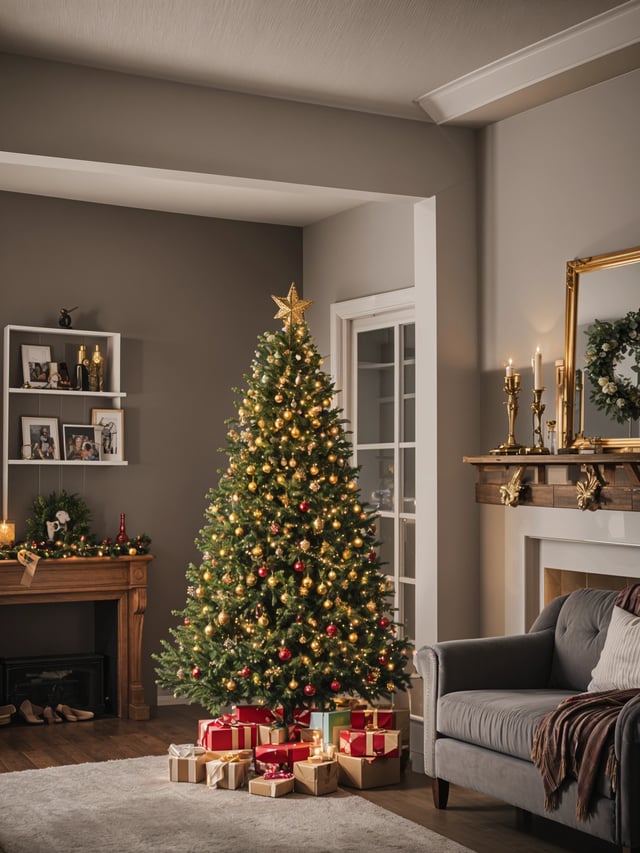 A Christmas tree in a living room with a fireplace and couch in the background.