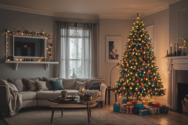 A living room with a Christmas tree and presents. The room has a couch, coffee table, and large window.