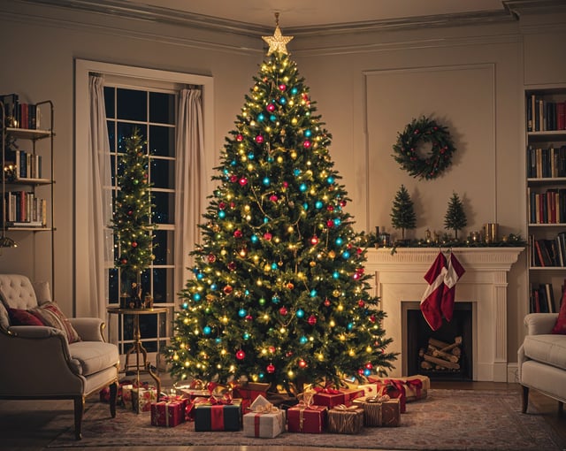 A Christmas tree with presents underneath it, sitting in front of a fireplace. The tree is decorated with blue and red lights, and it is surrounded by potted plants.