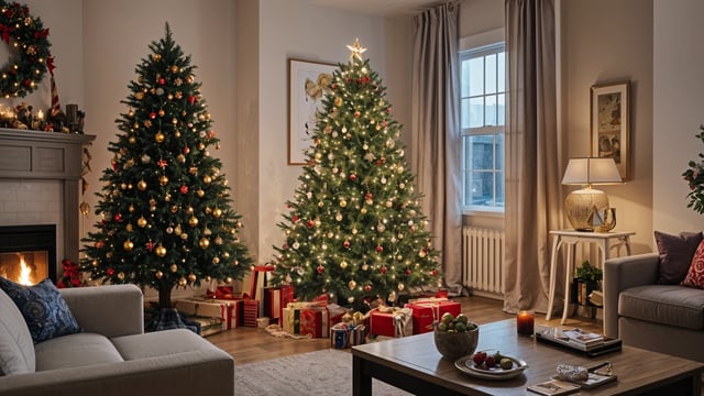 Two beautifully decorated Christmas trees in a cozy living room with presents and a bowl of fruit.