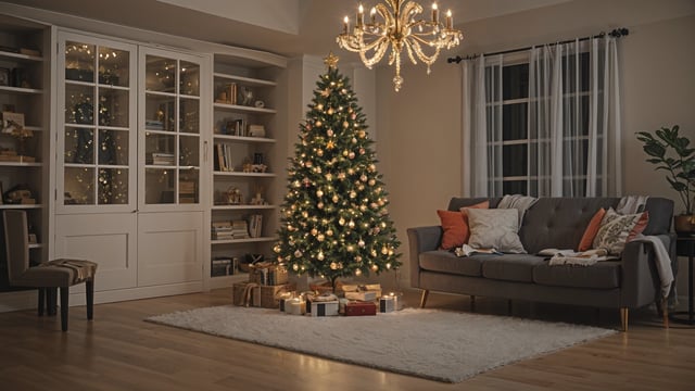 A lit Christmas tree in a living room with a couch and a chair.