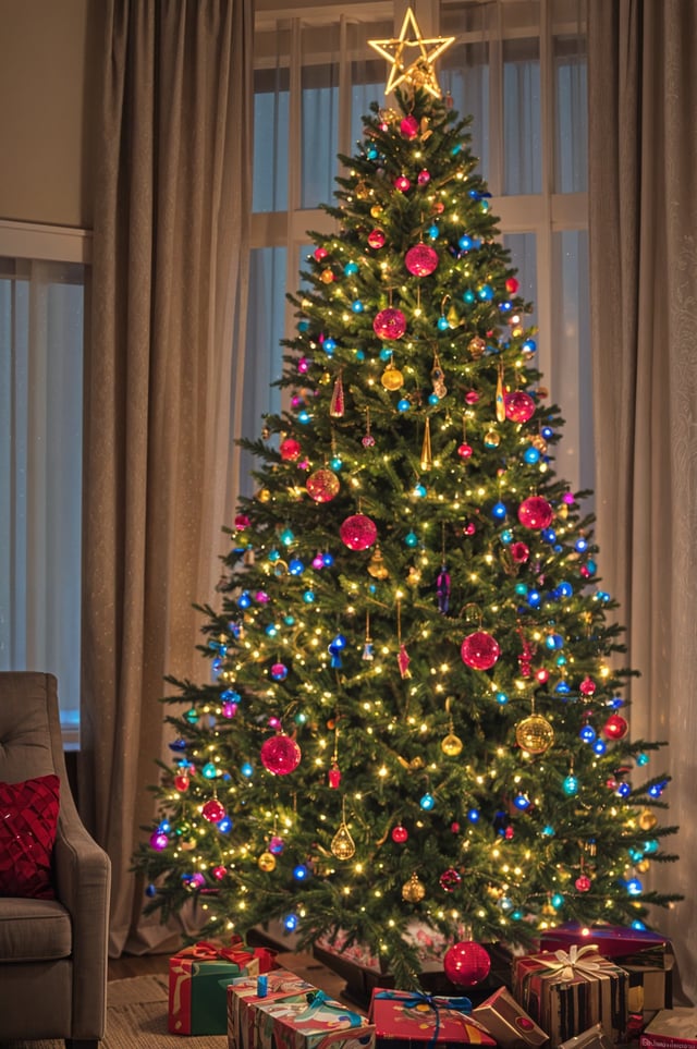 A Christmas tree with colorful lights and ornaments. The tree is adorned with blue, pink, red, and yellow lights, creating a festive atmosphere.