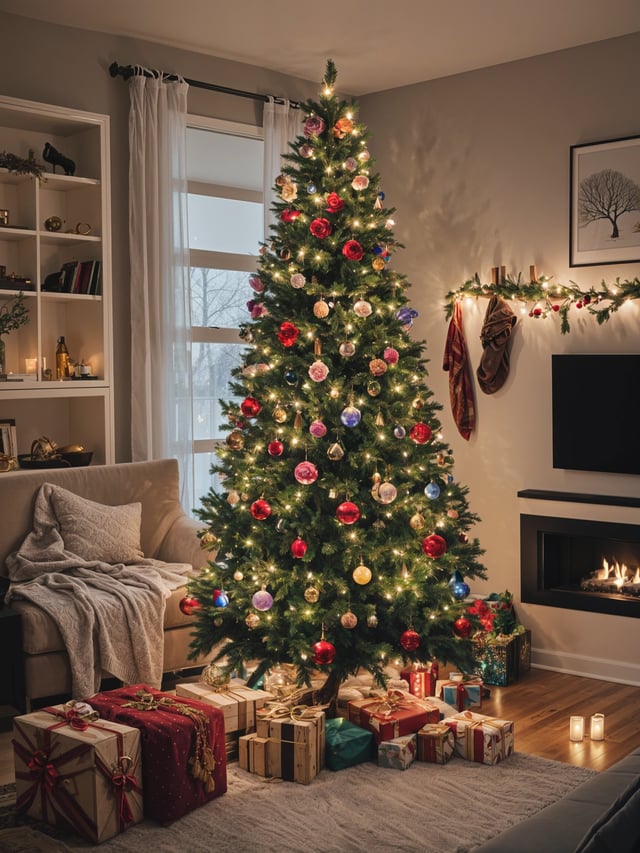 A Christmas tree in a living room with a fireplace. The tree is decorated with ornaments and lights.