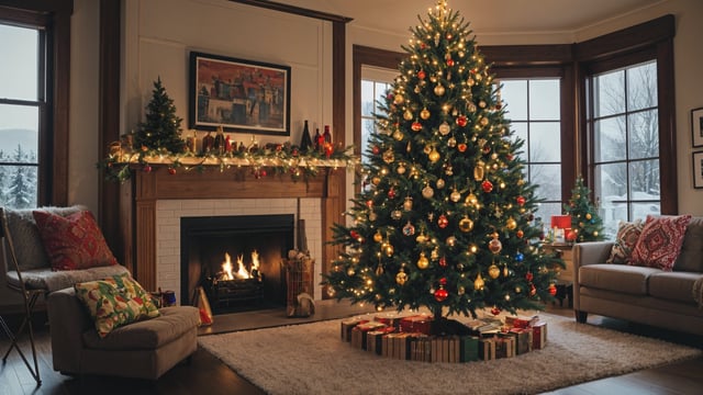 A Christmas tree in a living room with a fireplace. The tree is decorated with ornaments and lights, creating a festive atmosphere.