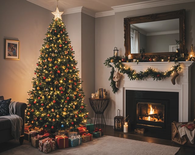 A Christmas tree in a living room with a fireplace and presents underneath. The tree is decorated with ornaments and lights, and there is a mirror above the fireplace. The room has a cozy and festive atmosphere.