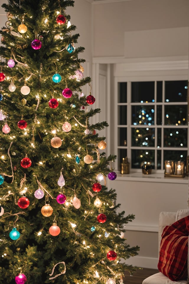 A Christmas tree with colorful lights and ornaments in a living room.