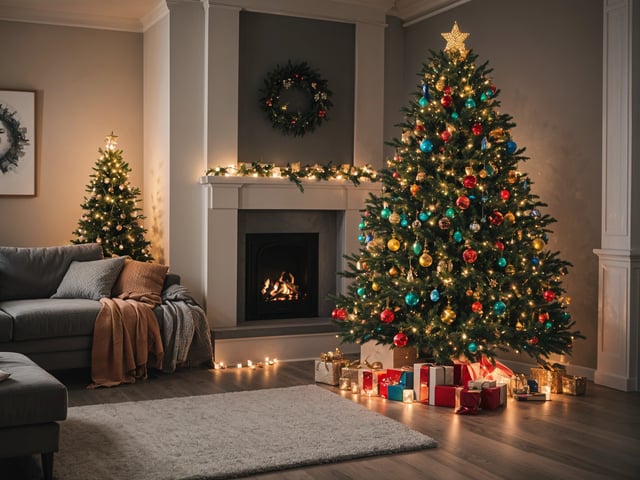 A living room with a fireplace and Christmas tree. The room is decorated with a couch, chair, and a blanket.