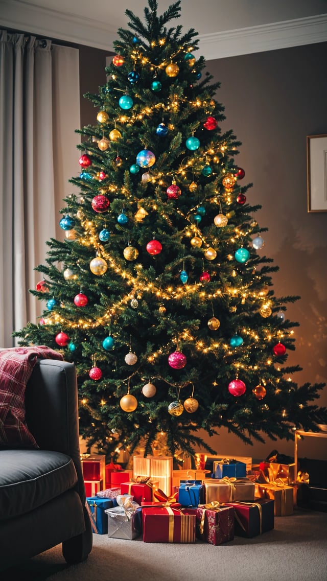 A Christmas tree with colorful ornaments and lights, placed in a corner of a room.