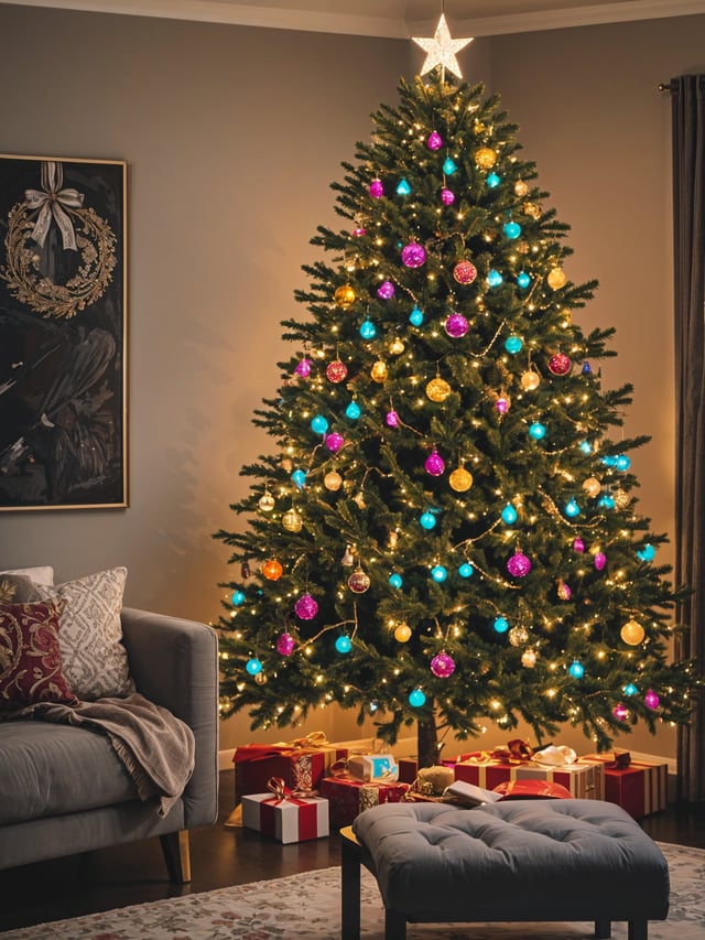 A Christmas tree with colorful ornaments and presents underneath it. The tree is lit up and has a beautiful glow. The presents are wrapped in colorful wrapping paper, adding to the festive atmosphere of the scene. The tree is placed in a living room, with a couch nearby.