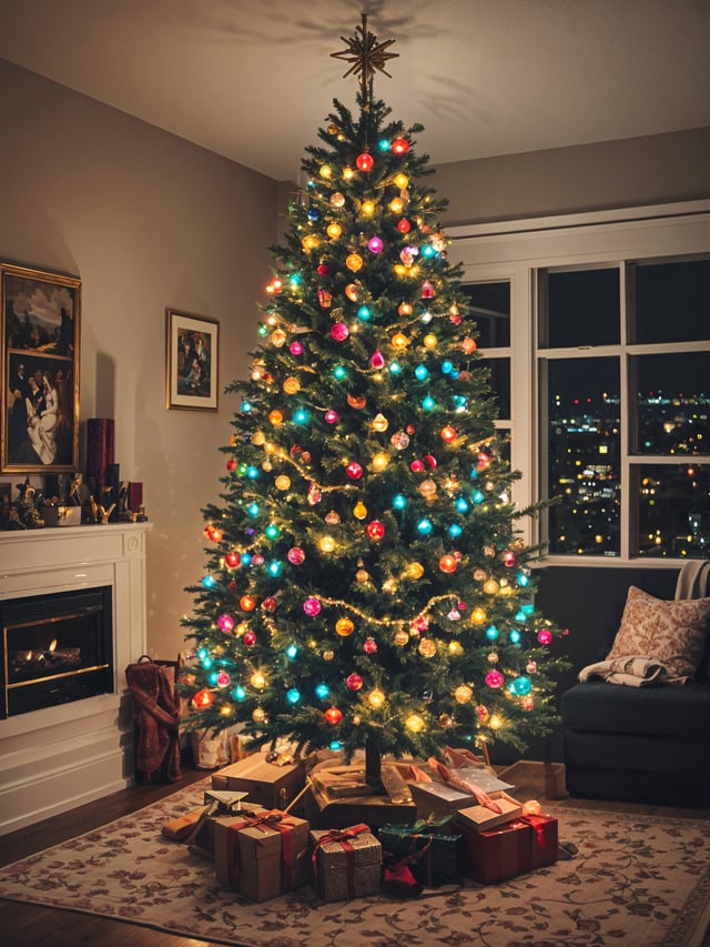 A Christmas tree with colorful lights and ornaments in a living room.