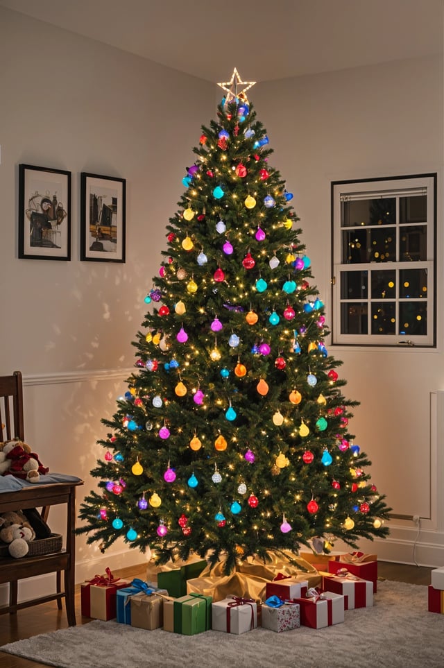Colorful Christmas tree with lights and ornaments