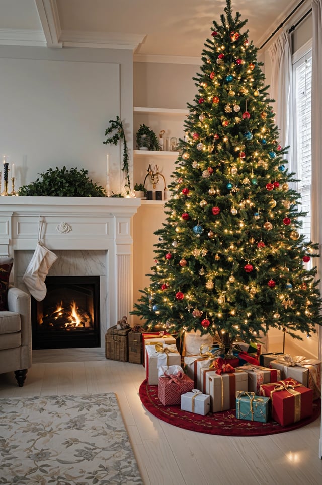 A Christmas tree in a living room with presents underneath it. The tree is decorated with ornaments and lights, and there is a fireplace nearby. The room also features a couch and a potted plant.