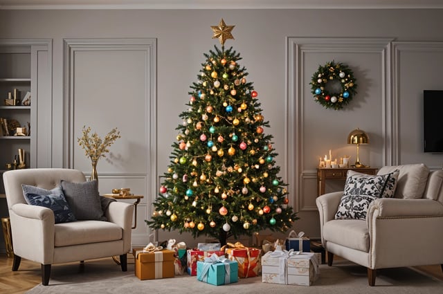A Christmas tree with presents underneath it, surrounded by a cozy living room.