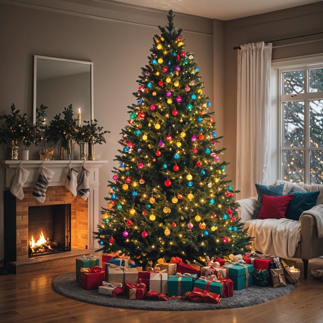 A Christmas tree in a living room with presents underneath it, surrounded by a cozy fireplace and a comfortable couch.