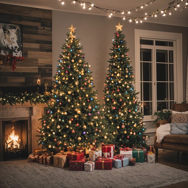 A Christmas tree with lights and presents in a living room.