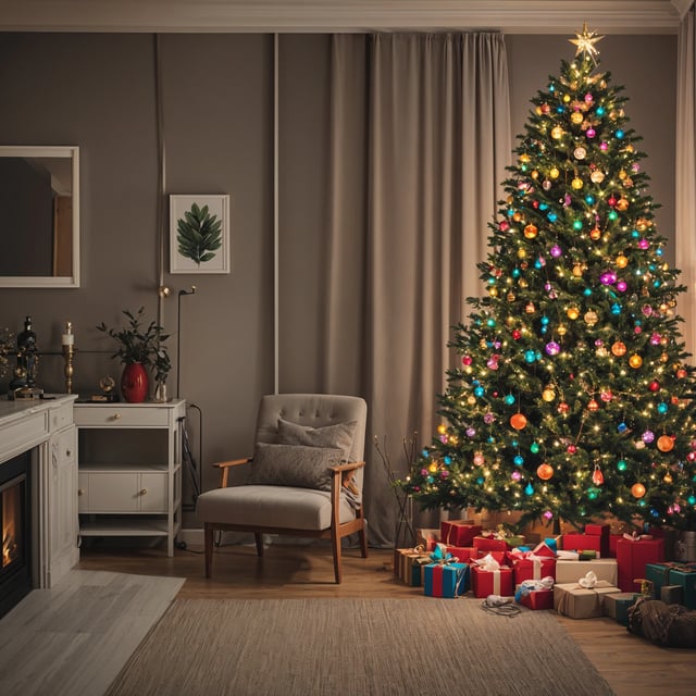 A Christmas tree in a living room with presents underneath it. The tree is decorated with colorful lights and is surrounded by a cozy atmosphere. A chair is placed in front of the tree, ready for someone to sit down and enjoy the festive ambiance.