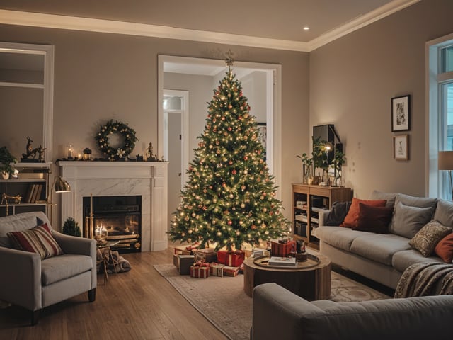 A Christmas tree in a living room with a fireplace and couches.