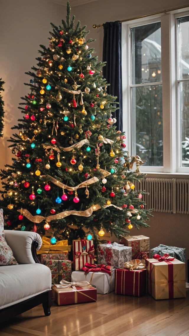 A Christmas tree with presents and ornaments underneath it, in front of a window.