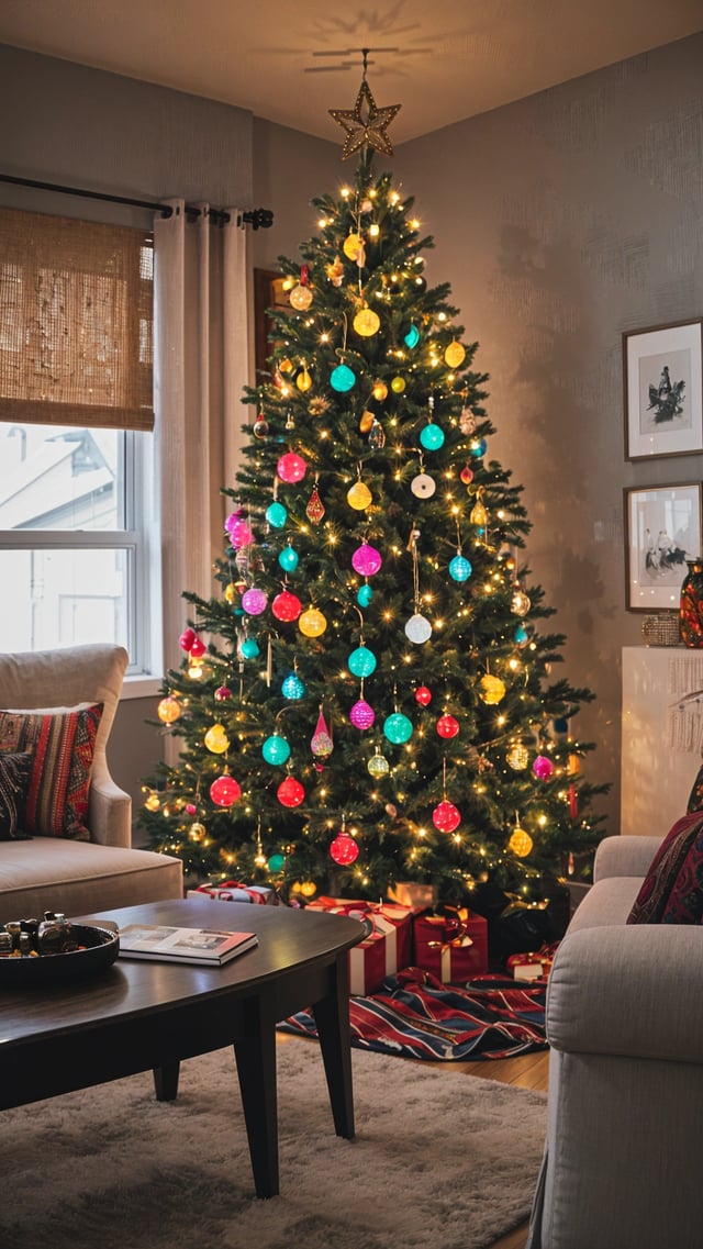 A Christmas tree with colorful ornaments and lights in a living room. The tree is adorned with a variety of colorful ornaments and lights, creating a festive atmosphere in the room.