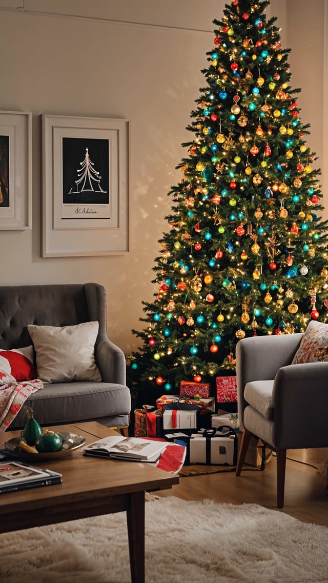 A Christmas tree with colorful ornaments in a cozy living room.