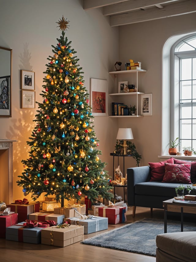 A Christmas tree in a living room with a couch and a fireplace. The tree is decorated with colorful lights and ornaments.