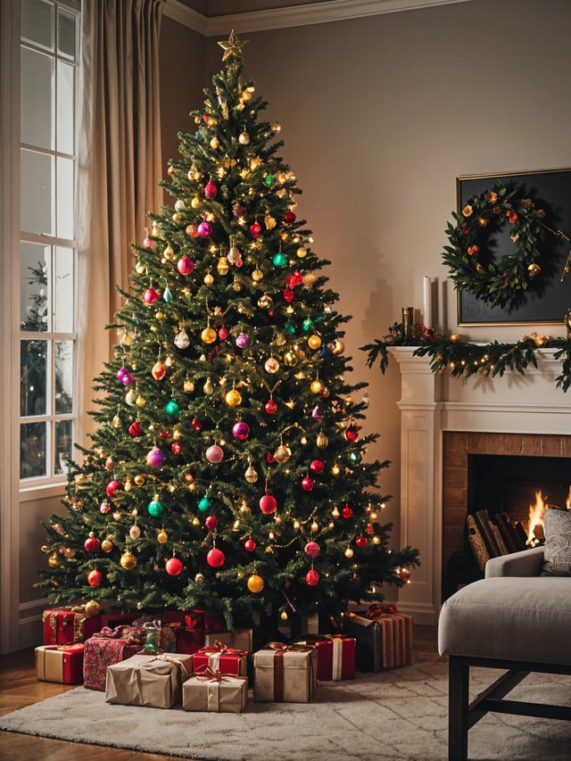 A Christmas tree with colorful ornaments and presents underneath it.