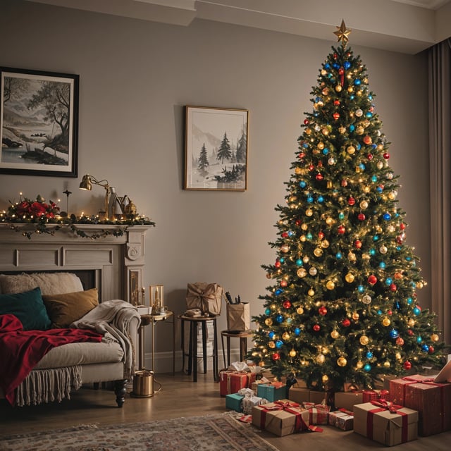 A Christmas tree with presents underneath it in a living room