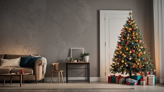 A Christmas tree in a living room with a table and a vase of flowers on it. The room is decorated in a modern style with a grey wall and a white door.