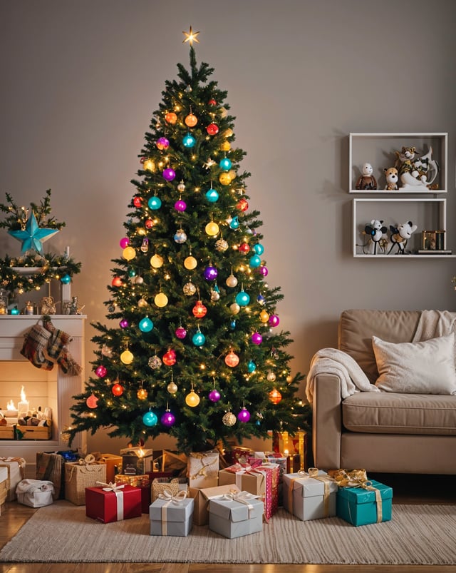 A Christmas tree with colorful lights and presents underneath it. The tree is decorated with ornaments and sits in front of a couch.
