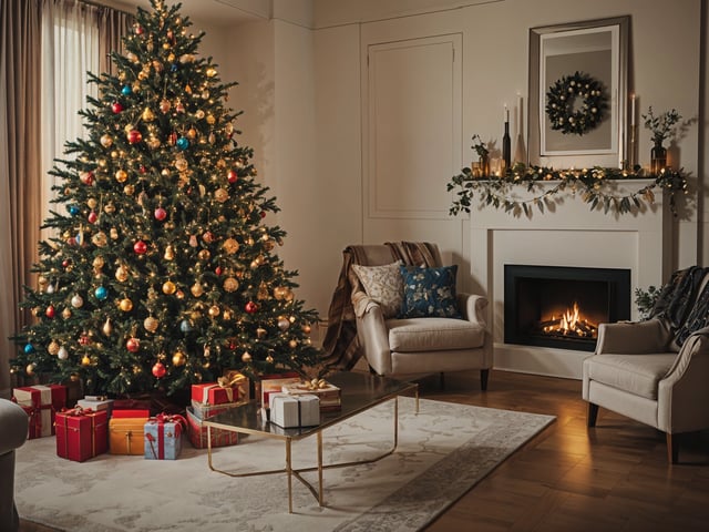 A Christmas tree in a living room with presents underneath it.