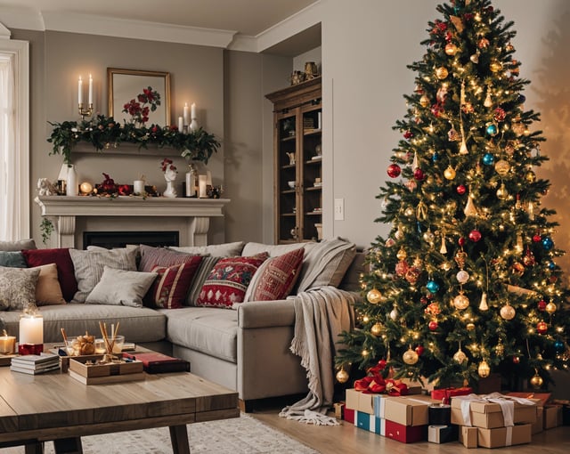 A living room with a Christmas tree and presents underneath. The room is decorated with a couch and a coffee table.