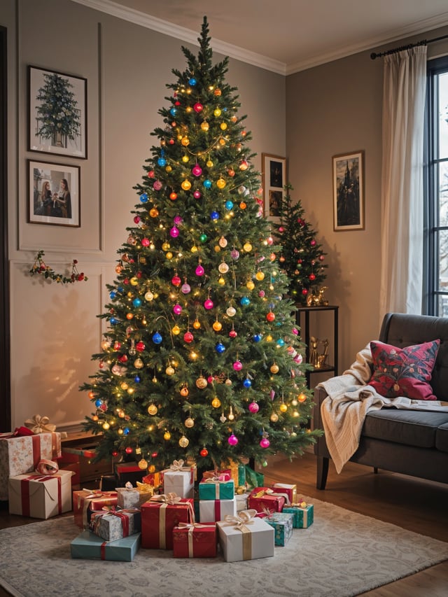 A Christmas tree with colorful lights and ornaments, surrounded by presents in a living room.