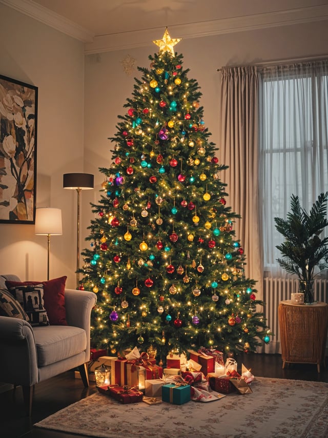 A Christmas tree with colorful lights and ornaments, sitting in a living room. The tree is surrounded by presents and a couch is nearby.