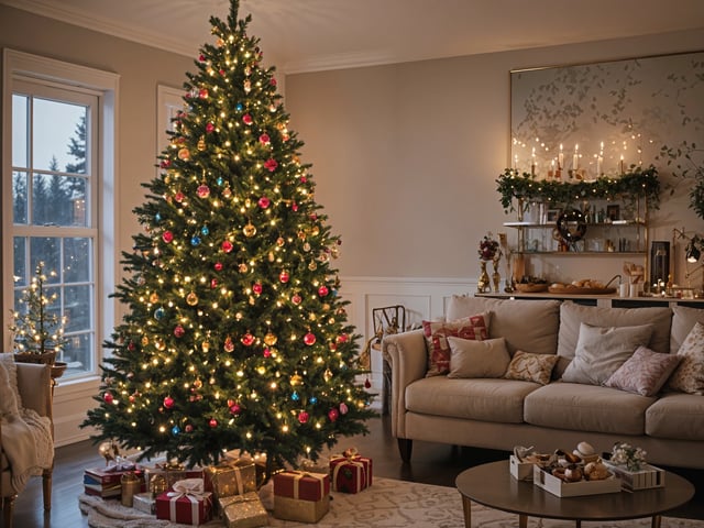 A Christmas tree in a living room with presents underneath it. The tree is decorated with ornaments and lights. The room also features a couch and a table with candles on it.