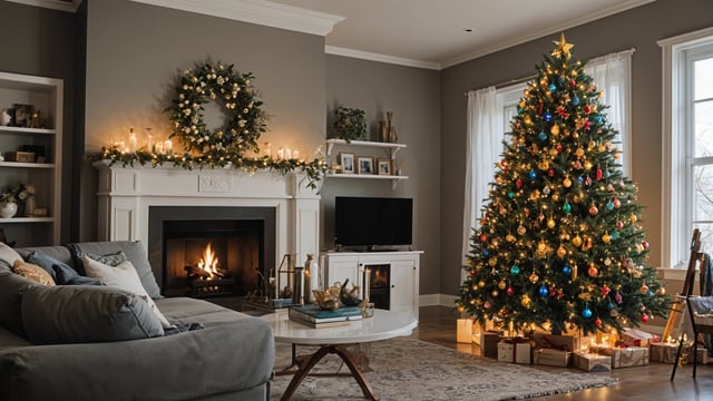 A living room with a fireplace and a large Christmas tree. The room is decorated with candles and wreaths.