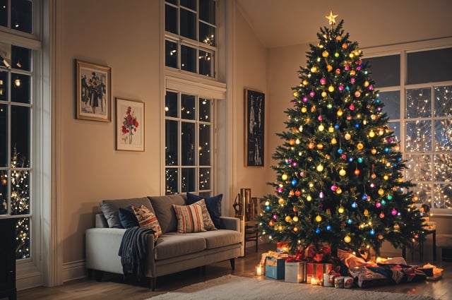 A Christmas tree in a living room with a couch and a fireplace. The tree is decorated with colorful lights and is placed in front of a window.