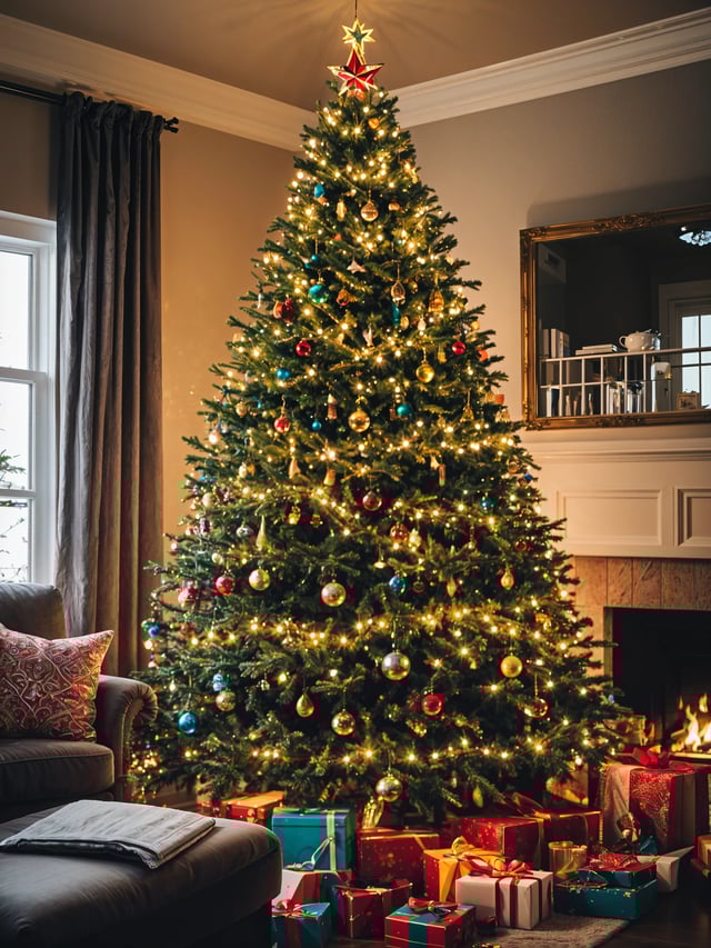 A Christmas tree in a living room, decorated with ornaments and lights, with a fireplace and a couch nearby.