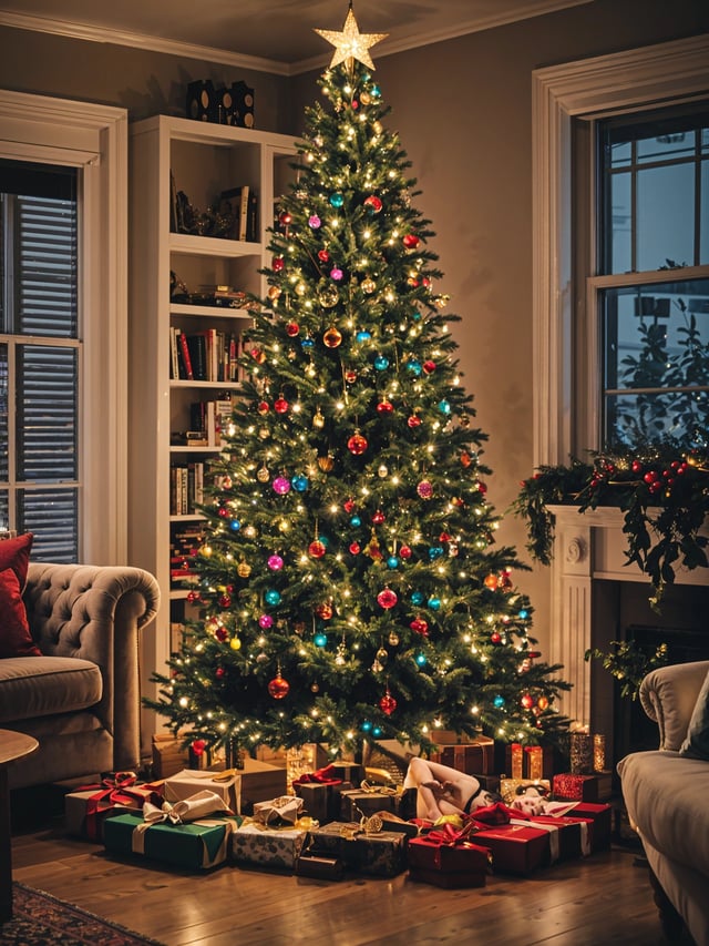 A Christmas tree with colorful ornaments and lights in a living room. A couch and a chair are also present in the room.
