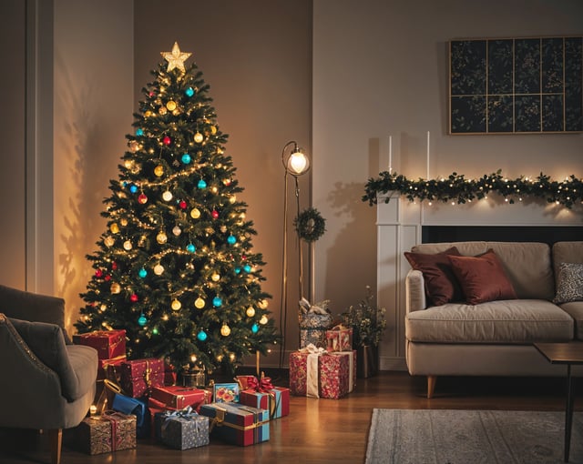 A christmas tree with presents underneath it. The tree is surrounded by a cozy living room with a couch and a chair. The room is decorated with a string of lights and a star garland on the mantle.