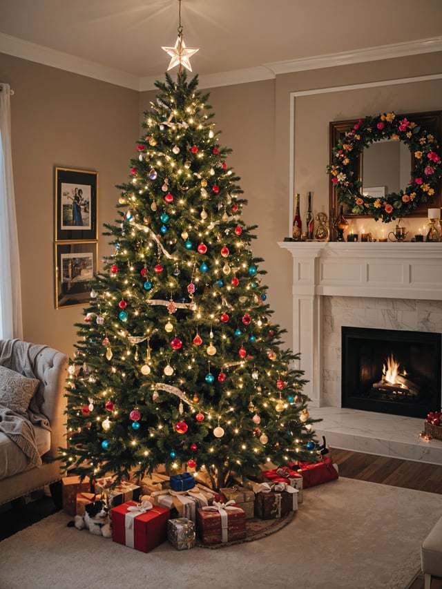 A Christmas tree with blue and red ornaments, surrounded by presents and a fireplace. The tree is lit up, creating a warm and festive atmosphere in the living room.
