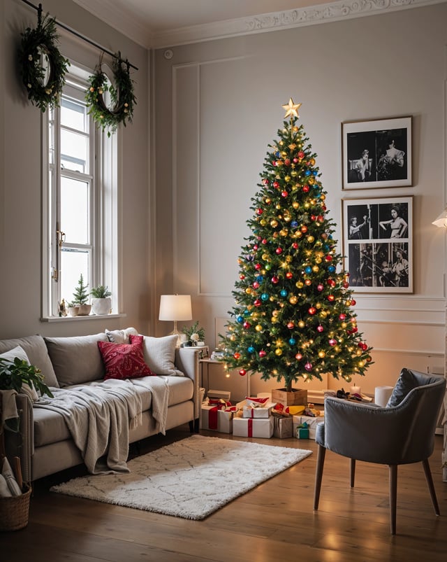 A Christmas tree in a living room with colorful lights.