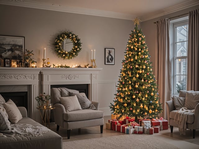 A Christmas tree in a living room with presents underneath it. The room is decorated with candles and a mirror above the fireplace.