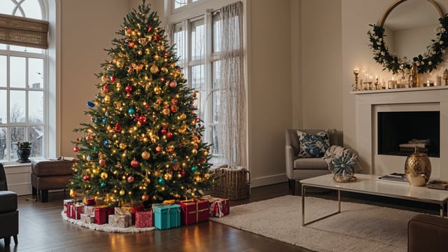 A Christmas tree in a living room with presents underneath it.
