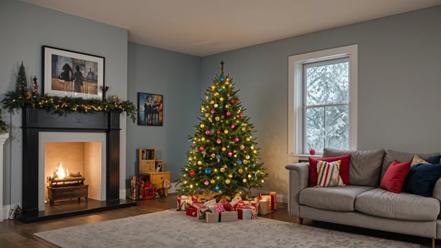 A Christmas tree in a living room with a fireplace and a couch. The tree is decorated with ornaments and lights, creating a festive atmosphere.
