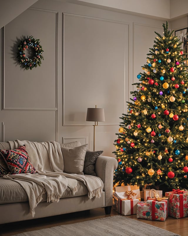 A living room with a white couch and a Christmas tree. The tree is decorated with colorful ornaments and lights.