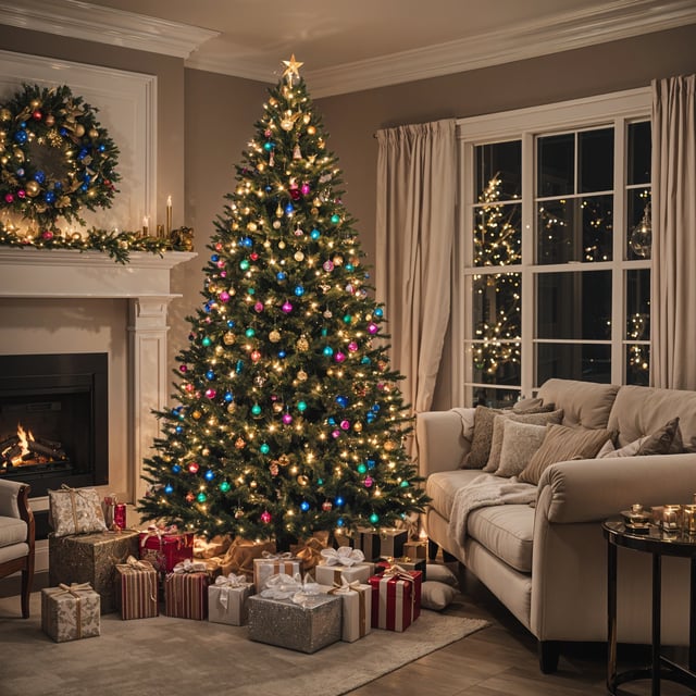 A Christmas tree in a living room with presents underneath. The tree is adorned with colorful lights and ornaments, creating a festive atmosphere. The room features a couch and a fireplace, adding to the cozy ambiance.