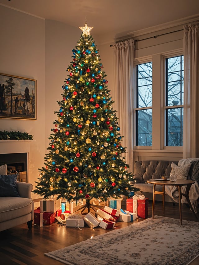 A Christmas tree in a living room with presents and ornaments. The room is decorated for the holiday season.