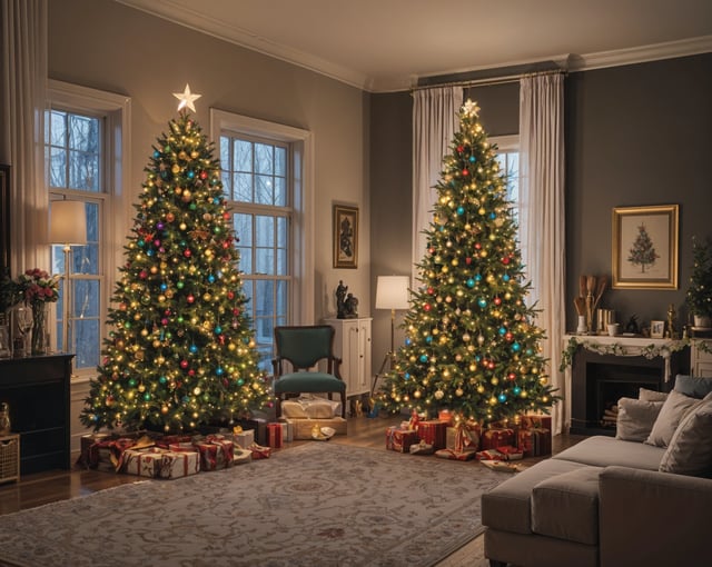 Two Christmas trees in a living room with presents underneath.