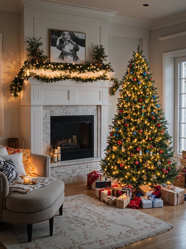 A beautifully decorated Christmas tree in front of a fireplace with presents scattered around it.
