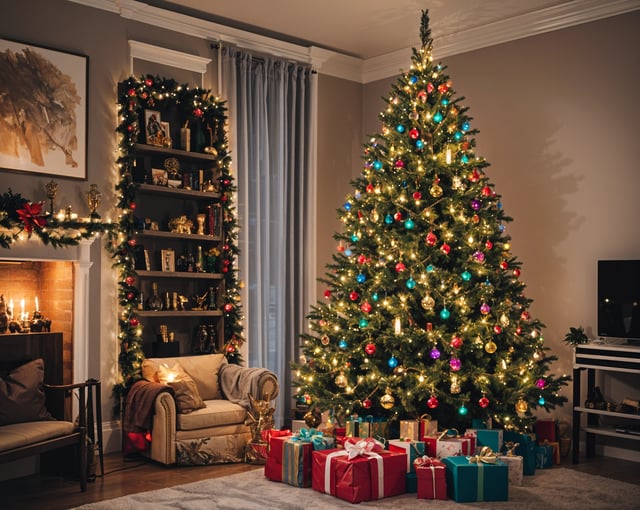 A Christmas tree with presents underneath it, surrounded by a cozy living room with a fireplace.